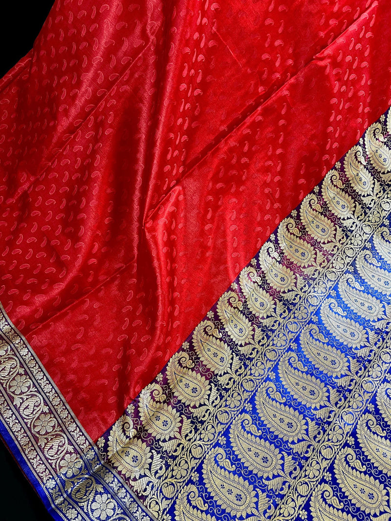 Red and Blue Banarasi Tanchoi Silk Saree with Ambi Buttis | Zari Weaving with Motifs | Banarasi Silk Sarees - Kaash