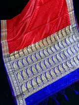 Red and Blue Banarasi Tanchoi Silk Saree with Ambi Buttis | Zari Weaving with Motifs | Banarasi Silk Sarees - Kaash