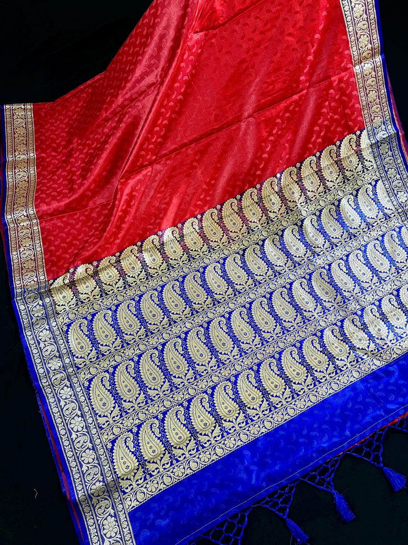 Red and Blue Banarasi Tanchoi Silk Saree with Ambi Buttis | Zari Weaving with Motifs | Banarasi Silk Sarees - Kaash
