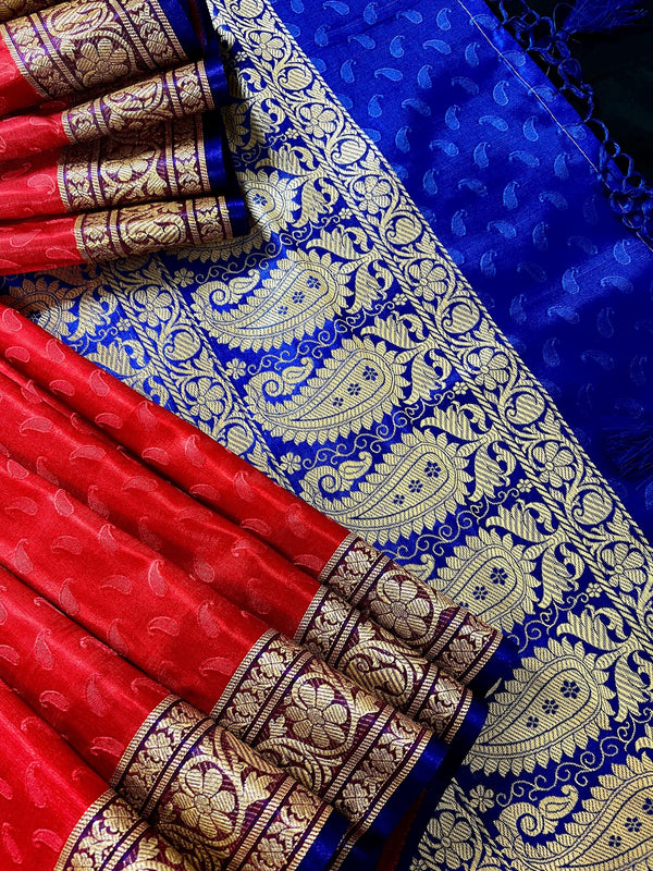 Red and Blue Banarasi Tanchoi Silk Saree with Ambi Buttis | Zari Weaving with Motifs | Banarasi Silk Sarees - Kaash