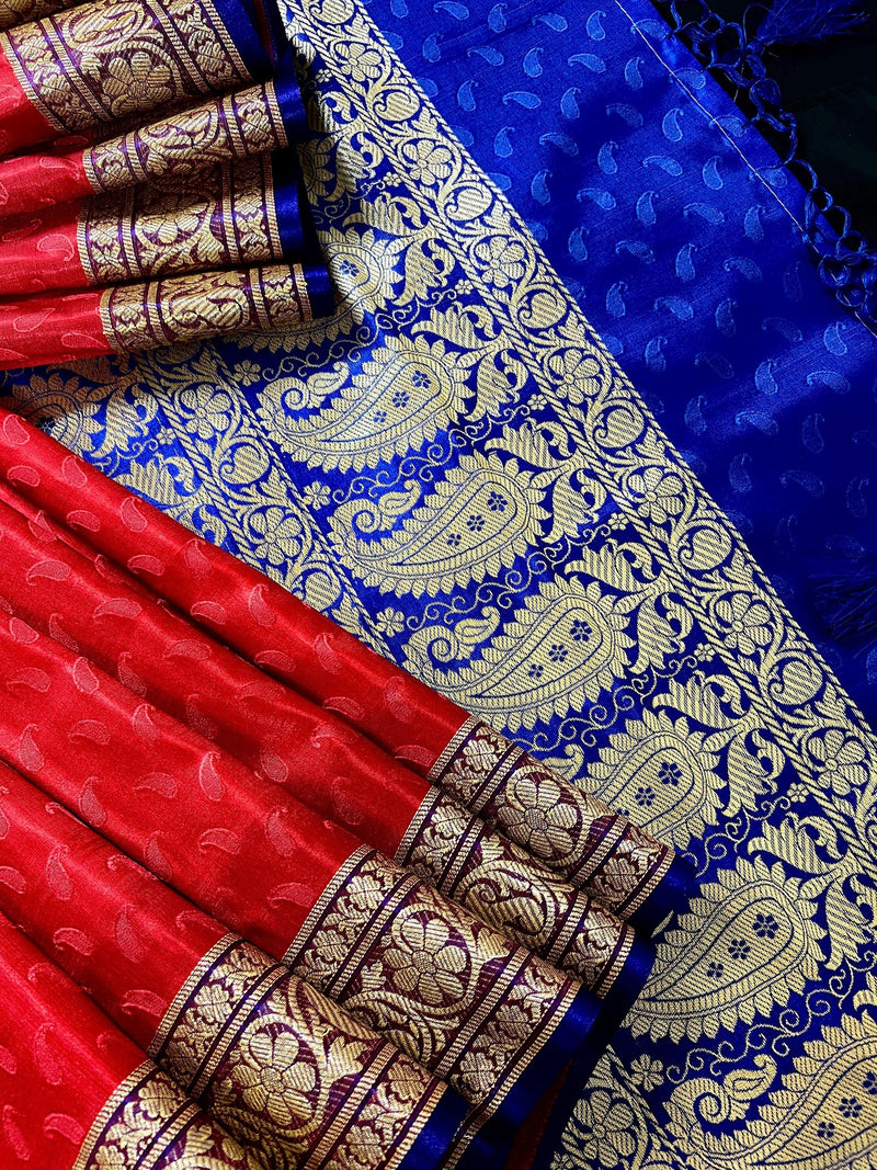 Red and Blue Banarasi Tanchoi Silk Saree with Ambi Buttis | Zari Weaving with Motifs | Banarasi Silk Sarees - Kaash