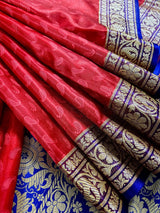 Red and Blue Banarasi Tanchoi Silk Saree with Ambi Buttis | Zari Weaving with Motifs | Banarasi Silk Sarees - Kaash