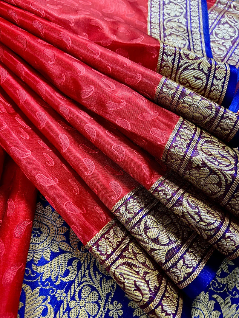 Red and Blue Banarasi Tanchoi Silk Saree with Ambi Buttis | Zari Weaving with Motifs | Banarasi Silk Sarees - Kaash