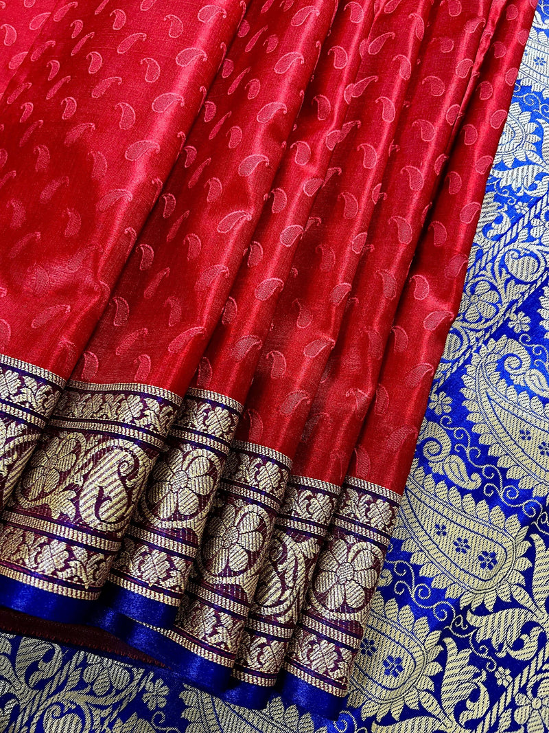 Red and Blue Banarasi Tanchoi Silk Saree with Ambi Buttis | Zari Weaving with Motifs | Banarasi Silk Sarees - Kaash