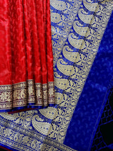 Red and Blue Banarasi Tanchoi Silk Saree with Ambi Buttis | Zari Weaving with Motifs | Banarasi Silk Sarees - Kaash