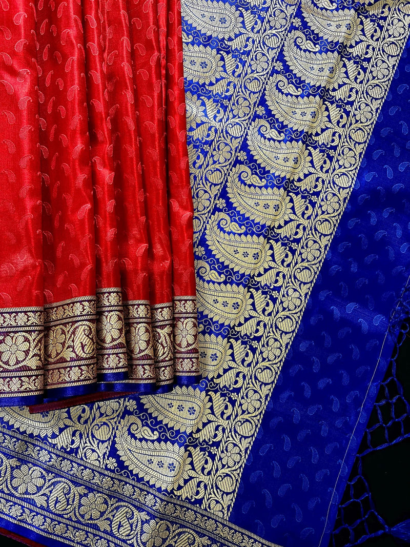 Red and Blue Banarasi Tanchoi Silk Saree with Ambi Buttis | Zari Weaving with Motifs | Banarasi Silk Sarees - Kaash