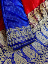 Red and Blue Banarasi Tanchoi Silk Saree with Ambi Buttis | Zari Weaving with Motifs | Banarasi Silk Sarees - Kaash