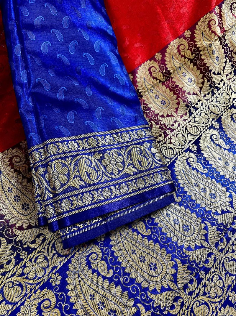Red and Blue Banarasi Tanchoi Silk Saree with Ambi Buttis | Zari Weaving with Motifs | Banarasi Silk Sarees - Kaash