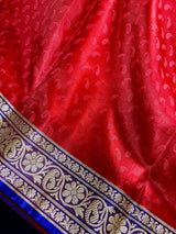 Red and Blue Banarasi Tanchoi Silk Saree with Ambi Buttis | Zari Weaving with Motifs | Banarasi Silk Sarees - Kaash