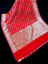 Red and Hot Pink Mashru Silk Saree, Muted Gold Zari Weave - Kaash