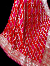 Red and Hot Pink Mashru Silk Saree, Muted Gold Zari Weave - Kaash