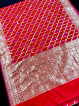 Red and Hot Pink Mashru Silk Saree, Muted Gold Zari Weave - Kaash