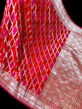 Red and Hot Pink Mashru Silk Saree, Muted Gold Zari Weave - Kaash