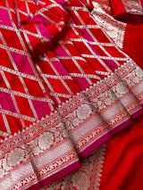 Red and Hot Pink Mashru Silk Saree, Muted Gold Zari Weave - Kaash