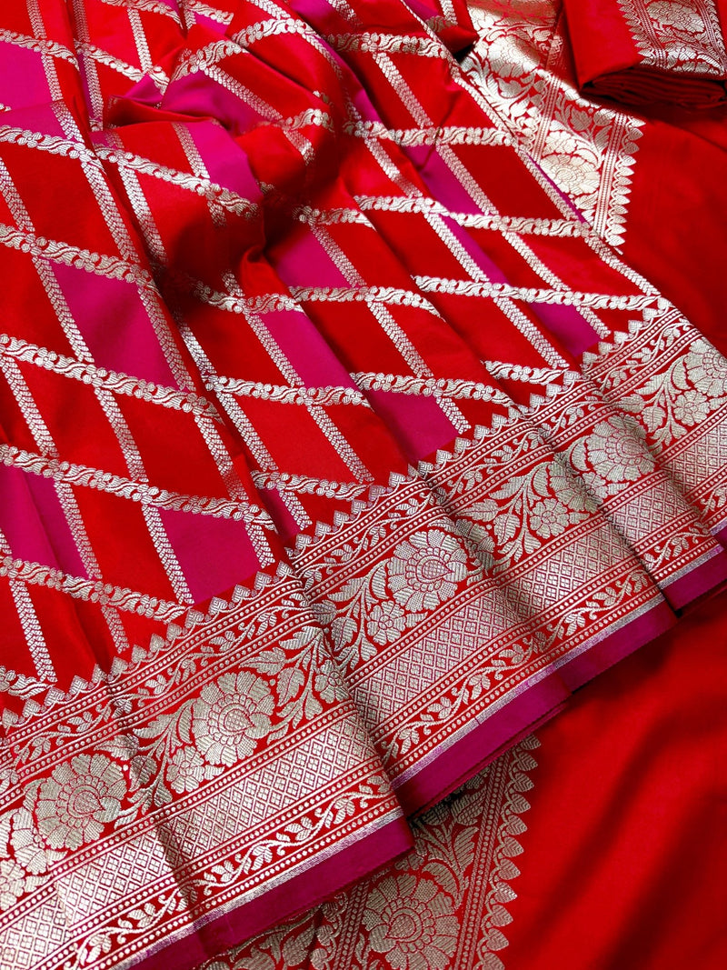 Red and Hot Pink Mashru Silk Saree, Muted Gold Zari Weave - Kaash