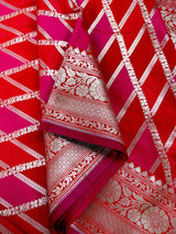 Red and Hot Pink Mashru Silk Saree, Muted Gold Zari Weave - Kaash