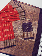 Red & Purple Banarasi saree in pure banarasi semi katan silk with copper zari weave with floral pattern — Kaash Collection