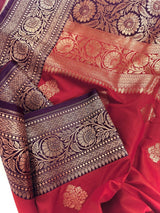 Red & Purple Banarasi saree in pure banarasi semi katan silk with copper zari weave with floral pattern — Kaash Collection
