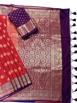 Red & Purple Banarasi saree in pure banarasi semi katan silk with copper zari weave with floral pattern — Kaash Collection