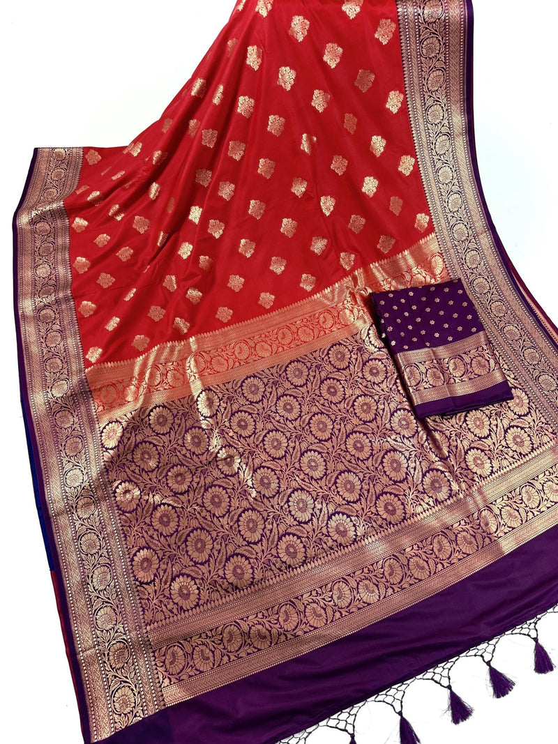 Red & Purple Banarasi saree in pure banarasi semi katan silk with copper zari weave with floral pattern — Kaash Collection