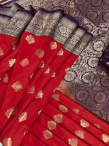 Red & Purple Banarasi saree in pure banarasi semi katan silk with copper zari weave with floral pattern — Kaash Collection