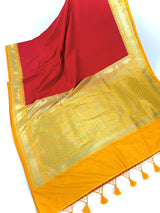 Red & Yellow Banarasi saree in banarasi tussar silk with plain body with banarasi border & gold zari — Kaash Collection