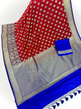 Red with Blue & Purple Banarasi saree in banarasi silk with double floral with 8" wide zari border — Kaash Collection