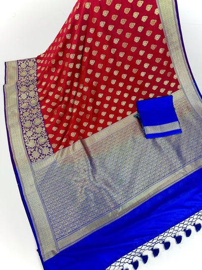 Red Banarasi Silk Saree – Blue & Purple Floral Border, Handloom - Kaash