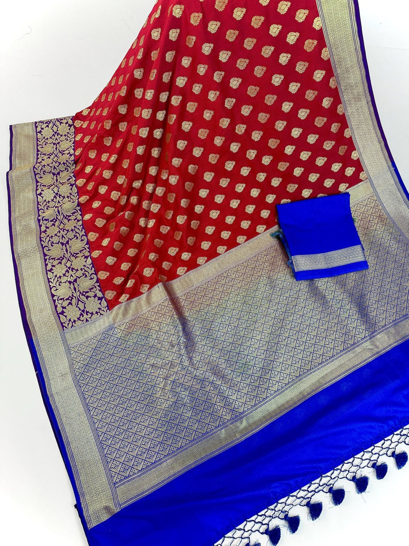 Red with Blue & Purple Banarasi saree in banarasi silk with double floral with 8" wide zari border — Kaash Collection