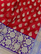 Red with Blue & Purple Banarasi saree in banarasi silk with double floral with 8" wide zari border — Kaash Collection