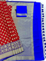 Red with Blue & Purple Banarasi saree in banarasi silk with double floral with 8" wide zari border — Kaash Collection