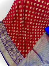 Red with Blue & Purple Banarasi saree in banarasi silk with double floral with 8" wide zari border — Kaash Collection