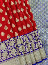 Red with Blue & Purple Banarasi saree in banarasi silk with double floral with 8" wide zari border — Kaash Collection