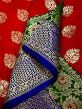 Red Banarasi Silk Saree | Bottle Green Blue Border, Meenkari Work, Soft Drape - Kaash