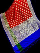 Red Banarasi Silk Saree | Bottle Green Blue Border, Meenkari Work, Soft Drape - Kaash