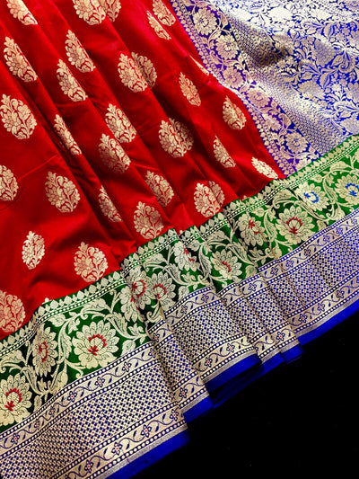 Red Banarasi Silk Saree | Bottle Green Blue Border, Meenkari Work, Soft Drape - Kaash