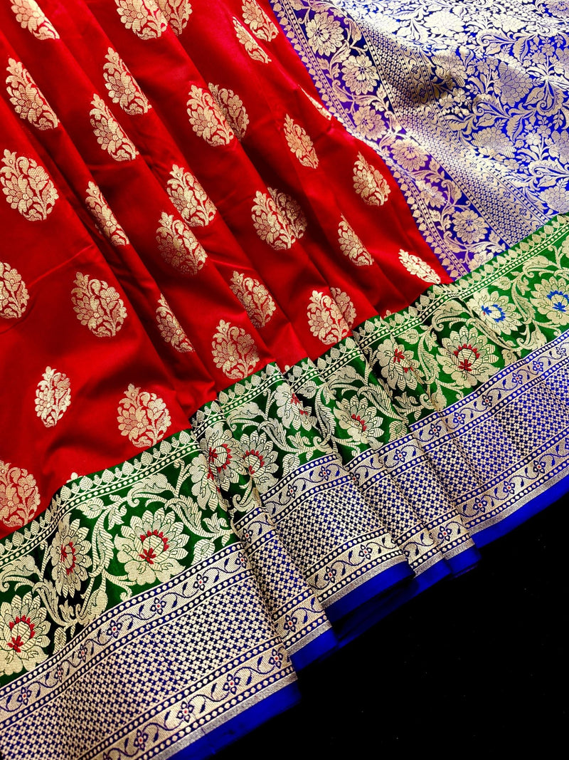 Red Banarasi Silk Saree | Bottle Green Blue Border, Meenkari Work, Soft Drape - Kaash
