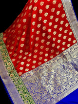 Red Banarasi Silk Saree | Bottle Green Blue Border, Meenkari Work, Soft Drape - Kaash