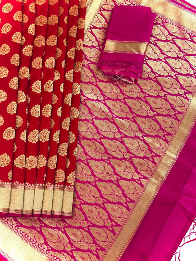 Red Banarasi Silk Saree with Floral buttas and Pink border and Pallu - Kaash