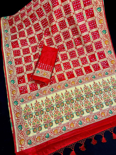 Red Banarasi Dupion Bandhani saree in banarasi semi dupion silk with bandhani tie-dye with meenakari & floral border — Kaash Collection