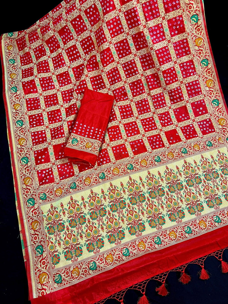 Red Banarasi Dupion Bandhani saree in banarasi semi dupion silk with bandhani tie-dye with meenakari & floral border — Kaash Collection