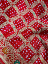 Red Banarasi Dupion Bandhani saree in banarasi semi dupion silk with bandhani tie-dye with meenakari & floral border — Kaash Collection