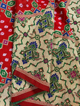 Red Color Banarasi Dupion Silk Saree | Red Bandhej Saree | Minakari Work | Muted Zari Weave | Authentic Bandhani Saree - Kaash