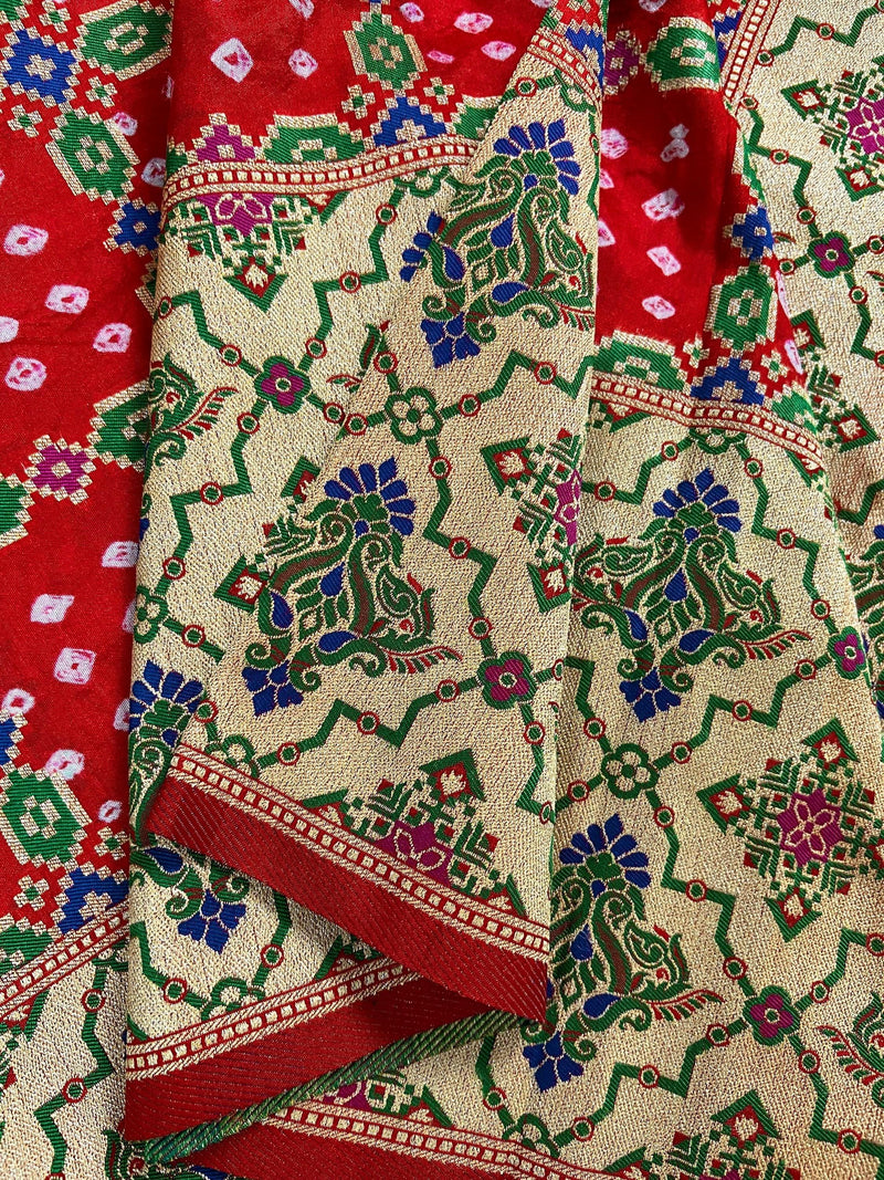 Red Color Banarasi Dupion Silk Saree | Red Bandhej Saree | Minakari Work | Muted Zari Weave | Authentic Bandhani Saree - Kaash