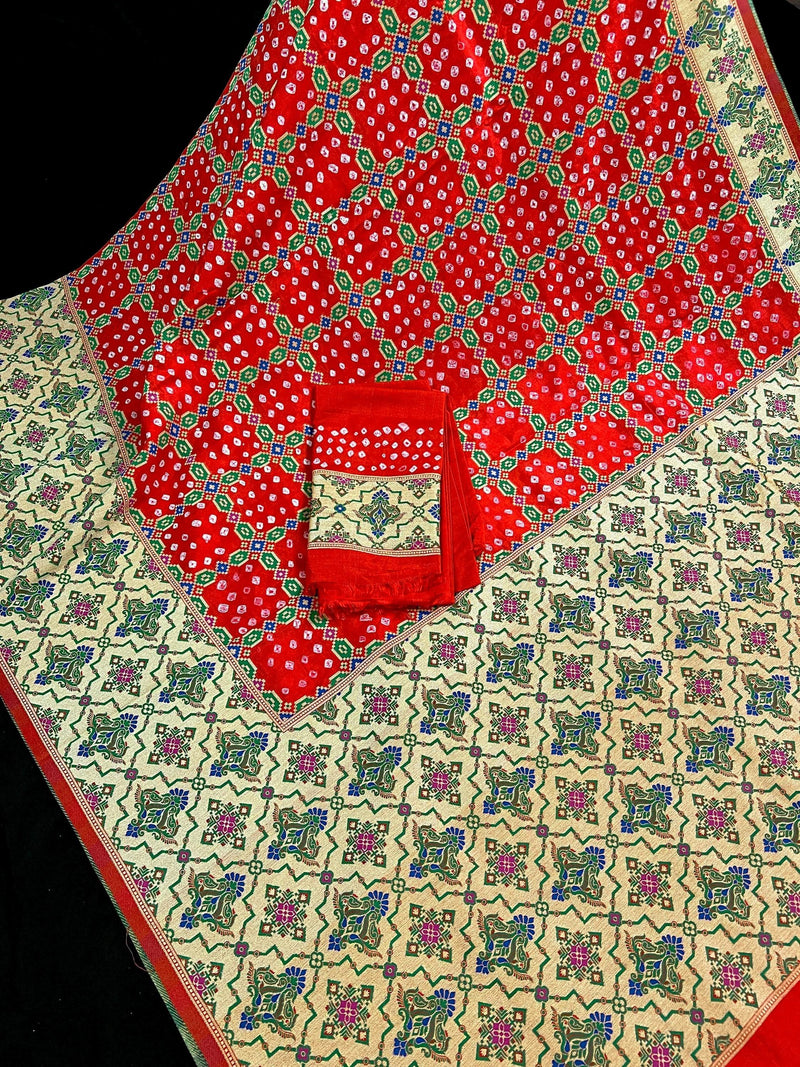Red Color Banarasi Dupion Silk Saree | Red Bandhej Saree | Minakari Work | Muted Zari Weave | Authentic Bandhani Saree - Kaash
