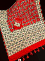 Red Color Banarasi Dupion Silk Saree | Red Bandhej Saree | Minakari Work | Muted Zari Weave | Authentic Bandhani Saree - Kaash