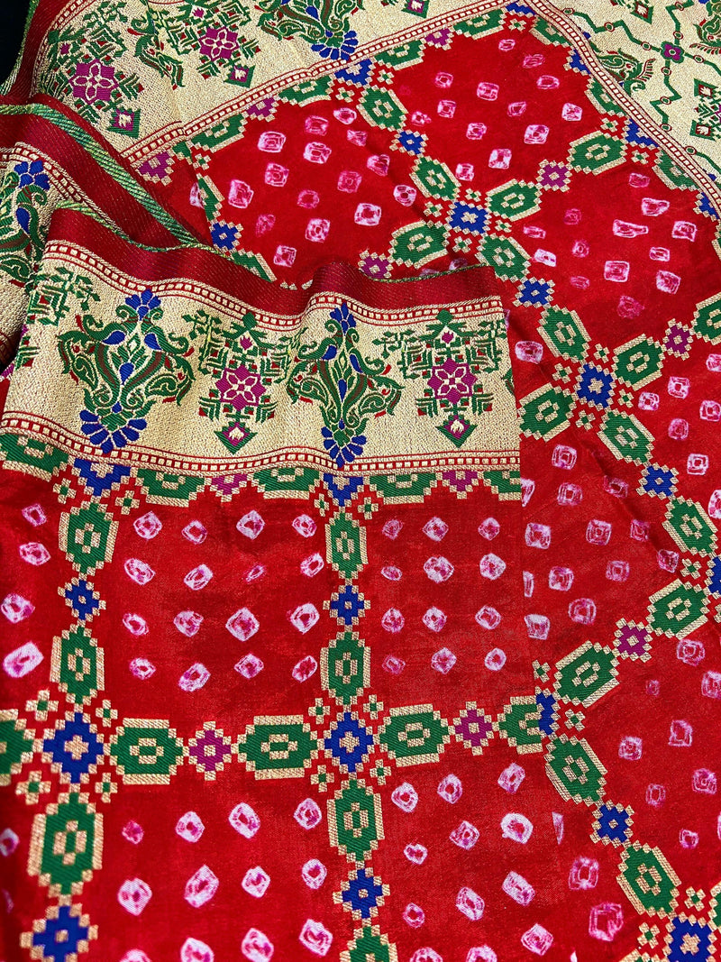 Red Color Banarasi Dupion Silk Saree | Red Bandhej Saree | Minakari Work | Muted Zari Weave | Authentic Bandhani Saree - Kaash