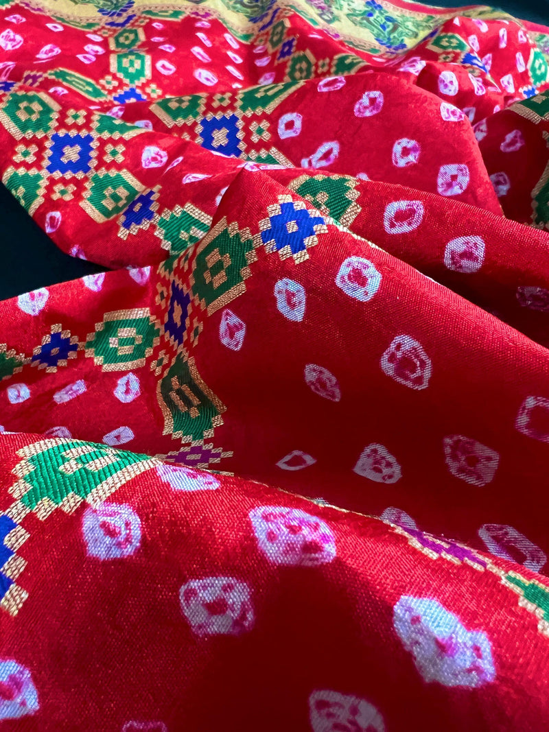 Red Color Banarasi Dupion Silk Saree | Red Bandhej Saree | Minakari Work | Muted Zari Weave | Authentic Bandhani Saree - Kaash