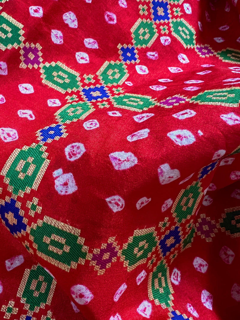 Red Color Banarasi Dupion Silk Saree | Red Bandhej Saree | Minakari Work | Muted Zari Weave | Authentic Bandhani Saree - Kaash