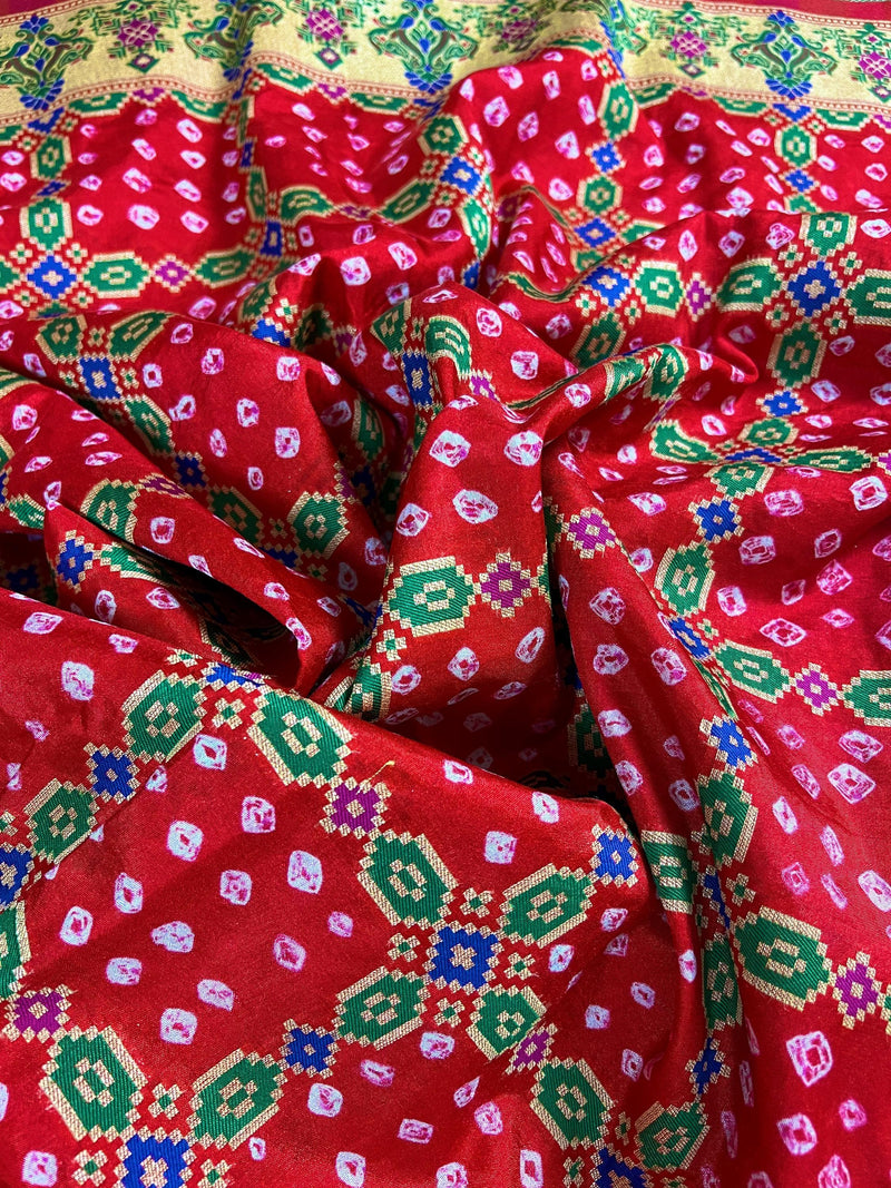 Red Color Banarasi Dupion Silk Saree | Red Bandhej Saree | Minakari Work | Muted Zari Weave | Authentic Bandhani Saree - Kaash